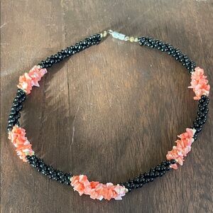 Handmade Black Onyx Bead Necklace with Coral Pink Chip Accents